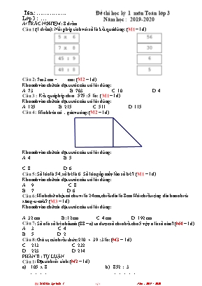 Đề thi học kỳ 1 môn Toán Lớp 3 - Năm học 2019-2020